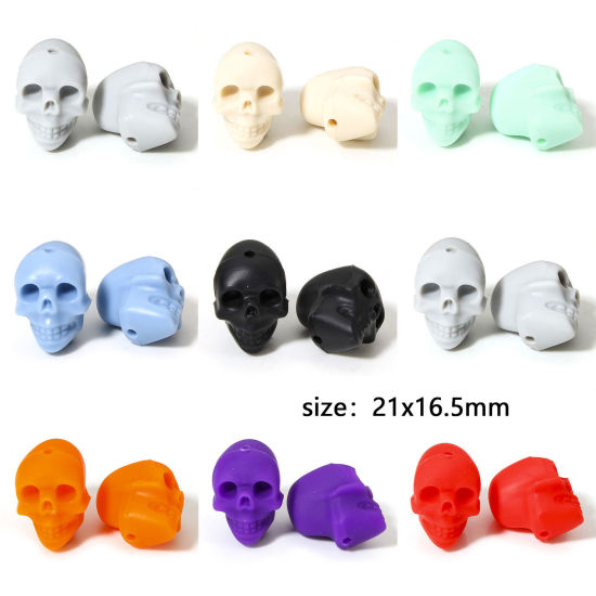 Picture of Silicone Halloween Beads For DIY Jewelry Making Skeleton Skull Multicolor 3D About 21mm x 16.5mm