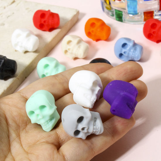 Picture of Silicone Halloween Beads For DIY Jewelry Making Skeleton Skull Multicolor 3D About 21mm x 16.5mm