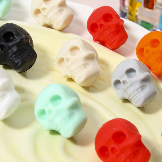 Picture of Silicone Halloween Beads For DIY Jewelry Making Skeleton Skull Multicolor 3D About 21mm x 16.5mm