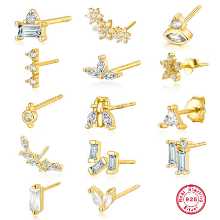 1 ペア スターリングシルバー イヤリング 幾何学 透明 ラインストーン