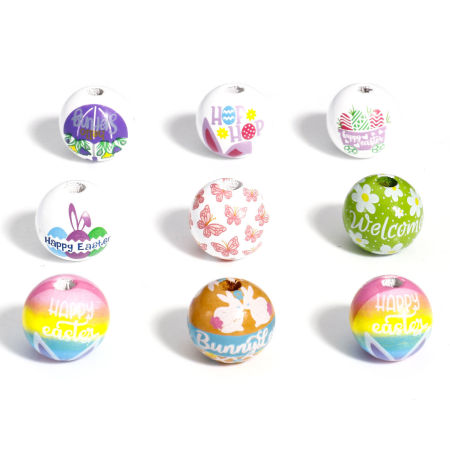 Picture of Natural Wood Easter Day Spacer Beads For DIY Jewelry Making Round Multicolor Rabbit About 16mm Dia.
