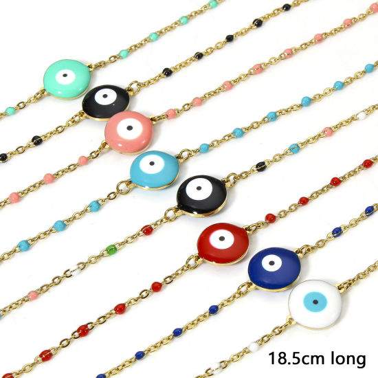 Picture of 304 Stainless Steel Link Cable Chain Bracelets 18K Gold Color Evil Eye Enamel 18.5cm(7 2/8") long