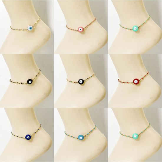 Picture of 304 Stainless Steel Link Cable Chain Bracelets 18K Gold Color Evil Eye Enamel 18.5cm(7 2/8") long