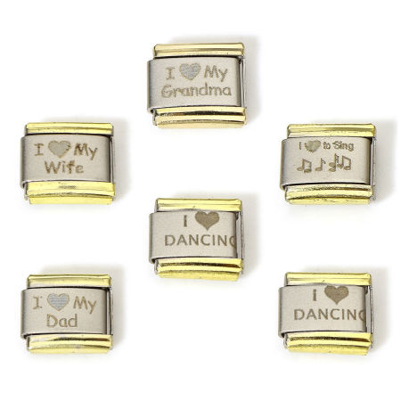 Picture of 304 Stainless Steel Italian Charm Links For DIY Bracelet Jewelry Making Silver Tone Rectangle Word Message Corrosion 10mm x 9mm