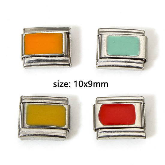 Picture of 304 Stainless Steel Italian Charm Links For DIY Bracelet Jewelry Making Silver Tone Rectangle Enamel 10mm x 9mm