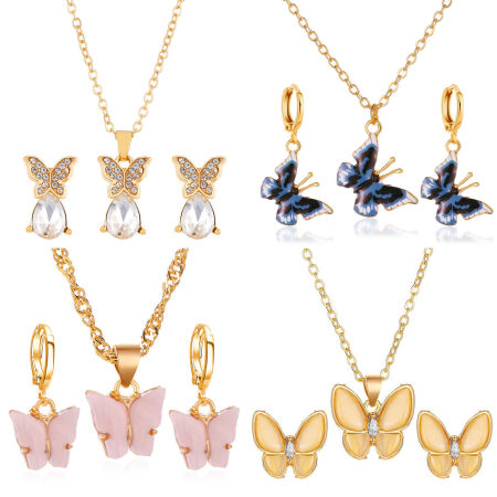 1 Set Ins Stil Schmuck Halskette Ohrringe Set Bunt Schmetterling Tropfen Transparent Strass 50cm lang