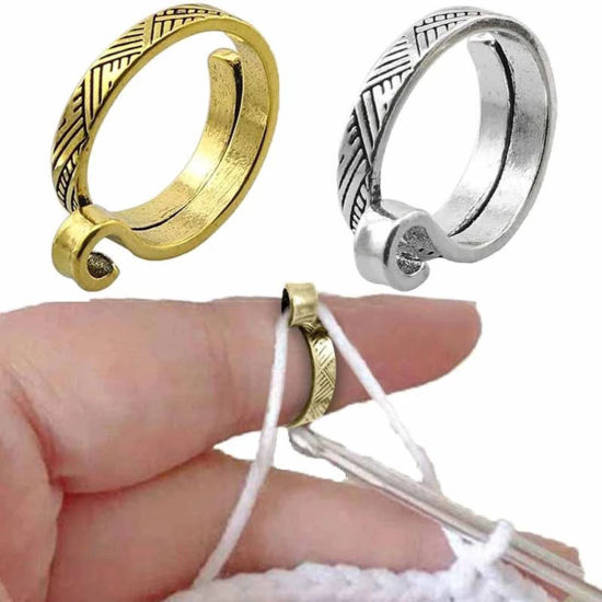 Picture of Brass Retro Open Adjustable Knitting Crochet Loop Yarn Guide Finger Ring Carved Pattern Multicolor