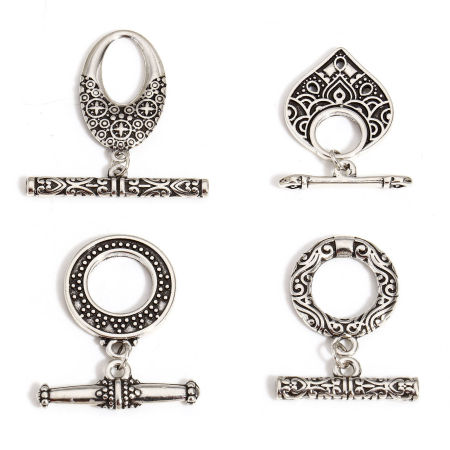 Copper Toggle Clasps Round Antique Silver Color Carved Pattern