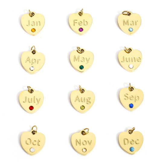 Immagine di 1 Pz Ecologico 304 Acciaio Inossidabile Pietre Nascita Charms Cuore Oro Placcato Multicolore Strass