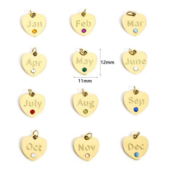 Immagine di 1 Pz Ecologico 304 Acciaio Inossidabile Pietre Nascita Charms Cuore Oro Placcato Multicolore Strass