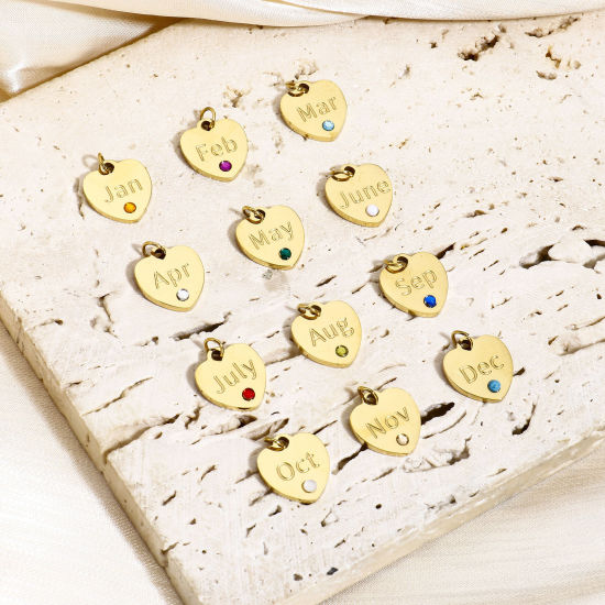 Immagine di 1 Pz Ecologico 304 Acciaio Inossidabile Pietre Nascita Charms Cuore Oro Placcato Multicolore Strass
