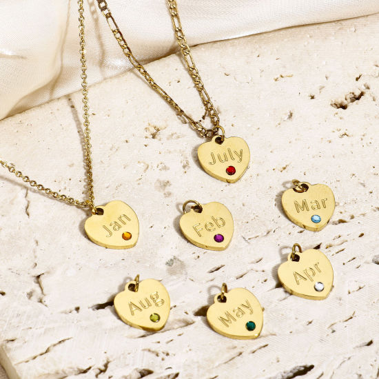 Immagine di 1 Pz Ecologico 304 Acciaio Inossidabile Pietre Nascita Charms Cuore Oro Placcato Multicolore Strass