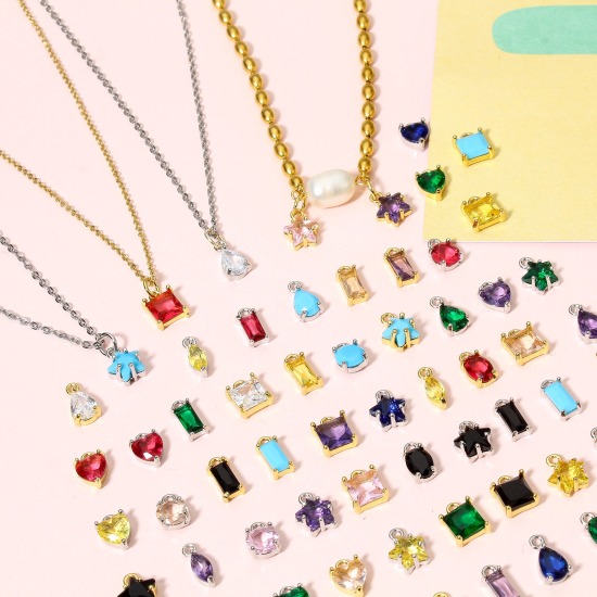 Immagine di 2 Pz Ottone Charms Olive Vero Oro Placcato Multicolore Cubic Zirconiae 11mm x 3.5mm