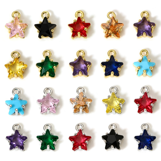 Image de 2 Pcs Breloques en Laiton & Verre Etoile Plaqué Or Véritable Multicolore 9.5mm x 7.5mm