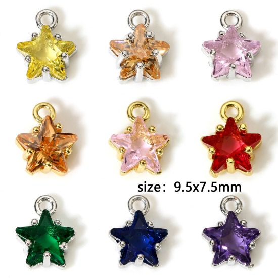 Image de 2 Pcs Breloques en Laiton & Verre Etoile Plaqué Or Véritable Multicolore 9.5mm x 7.5mm