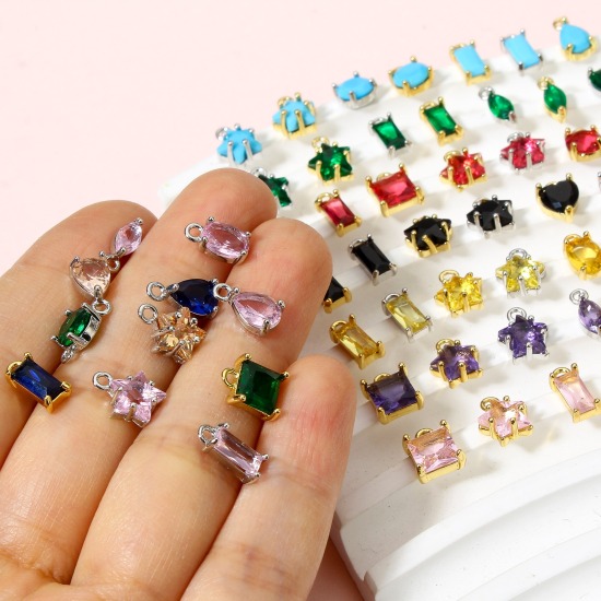 Image de 2 Pcs Breloques en Laiton & Verre Etoile Plaqué Or Véritable Multicolore 9.5mm x 7.5mm
