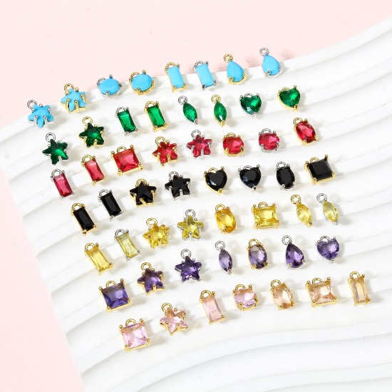 Image de 2 Pcs Breloques en Laiton & Verre Etoile Plaqué Or Véritable Multicolore 9.5mm x 7.5mm