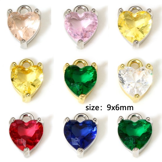 Immagine di 2 Pz Ottone & Vetro San Valentino Charms Cuore Vero Oro Placcato Multicolore 9mm x 6mm