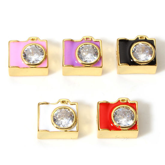 Picture of Brass Beads For DIY Charm Jewelry Making 18K Real Gold Plated Multicolor Camera Enamel Clear Rhinestone About 10mm x 9mm, Hole: Approx 1.8mm