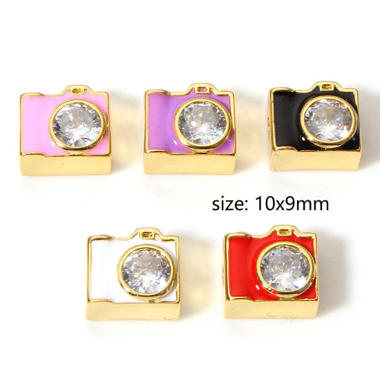 Picture of Brass Beads For DIY Charm Jewelry Making 18K Real Gold Plated Multicolor Camera Enamel Clear Rhinestone About 10mm x 9mm, Hole: Approx 1.8mm