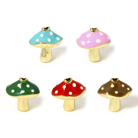 Picture of Brass Flora Collection Beads For DIY Jewelry Making 18K Real Gold Plated Multicolor Mushroom Dot Enamel About 13mm x 12mm, Hole: Approx 1.4mm