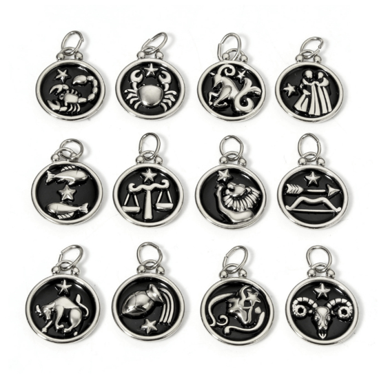 Immagine di 1 Pz 304 Acciaio Inossidabile Charms Tondo Tono Argento Nero Costellazione Smalto 26mm x 17mm