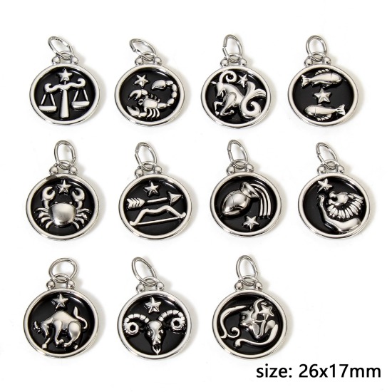 Immagine di 1 Pz 304 Acciaio Inossidabile Charms Tondo Tono Argento Nero Costellazione Smalto 26mm x 17mm