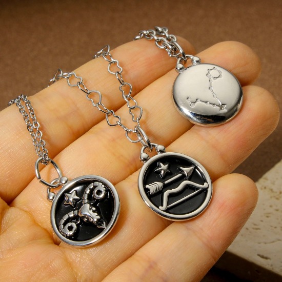 Immagine di 1 Pz 304 Acciaio Inossidabile Charms Tondo Tono Argento Nero Costellazione Smalto 26mm x 17mm