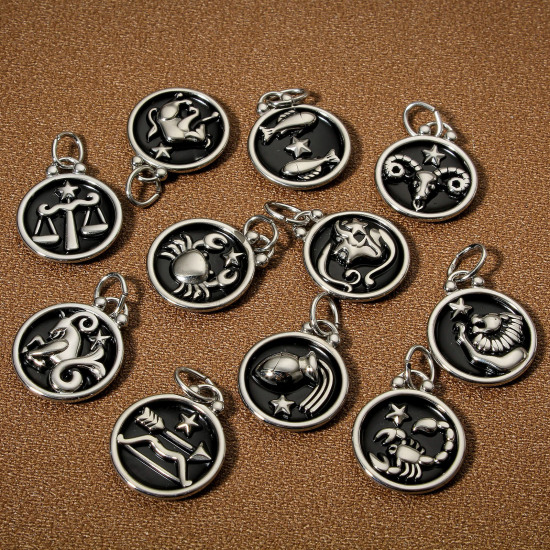 Immagine di 1 Pz 304 Acciaio Inossidabile Charms Tondo Tono Argento Nero Costellazione Smalto 26mm x 17mm