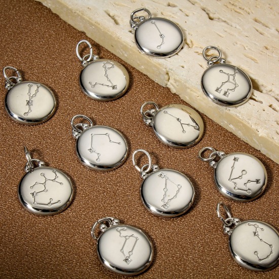 Immagine di 1 Pz 304 Acciaio Inossidabile Charms Tondo Tono Argento Nero Costellazione Smalto 26mm x 17mm