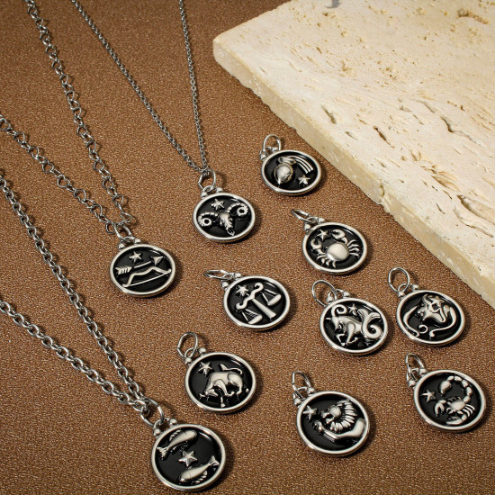 Immagine di 1 Pz 304 Acciaio Inossidabile Charms Tondo Tono Argento Nero Costellazione Smalto 26mm x 17mm