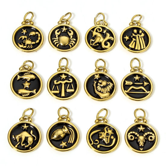 Изображение 1 ШТ 304 Нержавеющая Сталь Подвески Круглые 18K позолоченный Черный Знак Зодиака С Эмалью 26мм x 17мм