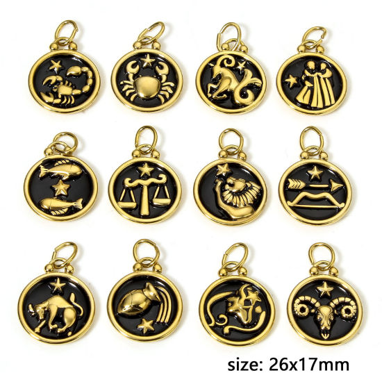 Изображение 1 ШТ 304 Нержавеющая Сталь Подвески Круглые 18K позолоченный Черный Знак Зодиака С Эмалью 26мм x 17мм