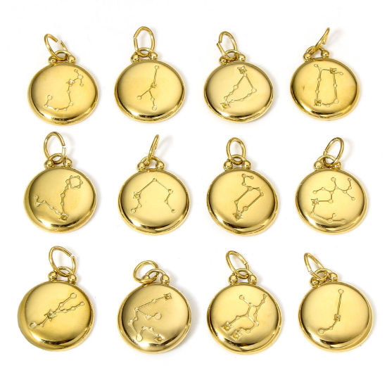 Изображение 1 ШТ 304 Нержавеющая Сталь Подвески Круглые 18K позолоченный Черный Знак Зодиака С Эмалью 26мм x 17мм