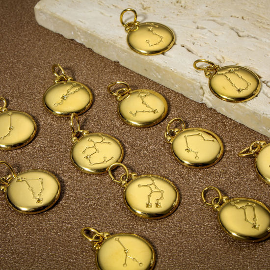 Изображение 1 ШТ 304 Нержавеющая Сталь Подвески Круглые 18K позолоченный Черный Знак Зодиака С Эмалью 26мм x 17мм