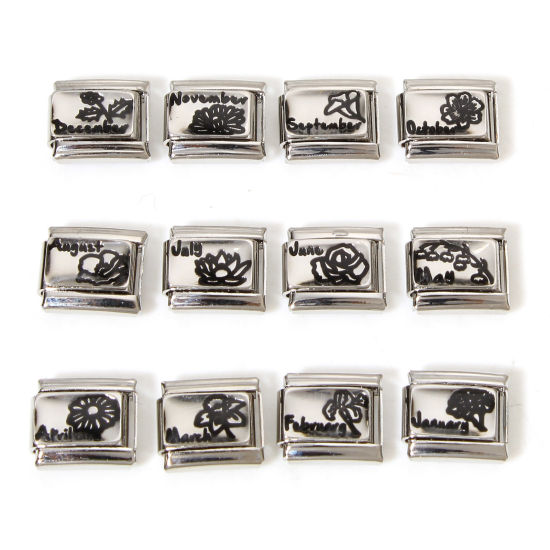 Picture of 304 Stainless Steel Birth Month Flower Italian Charm Links For DIY Bracelet Jewelry Making Silver Tone Rectangle 10mm x 9mm