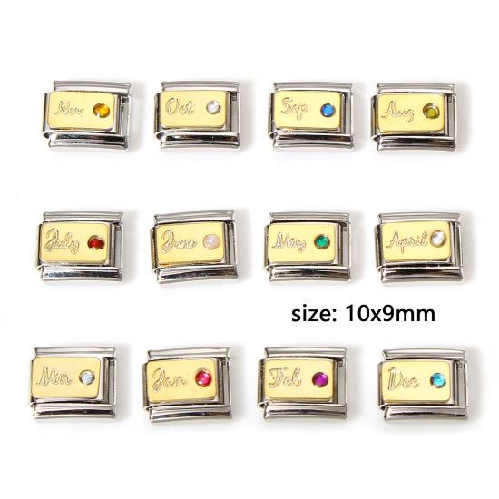 Picture of 304 Stainless Steel Birthstone Italian Charm Links For DIY Bracelet Jewelry Making Gold Plated & Silver Tone Rectangle Rhinestone 10mm x 9mm