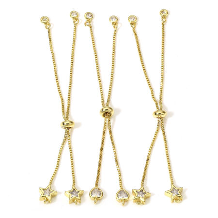1 Piece Brass & Cubic Zirconia Semi-finished Adjustable Slider/ Slide Bolo Bracelets For DIY Handmade Jewelry Making Box Chain 18K Real Gold Plated Transparent Clear 11cm(4 3/8") long