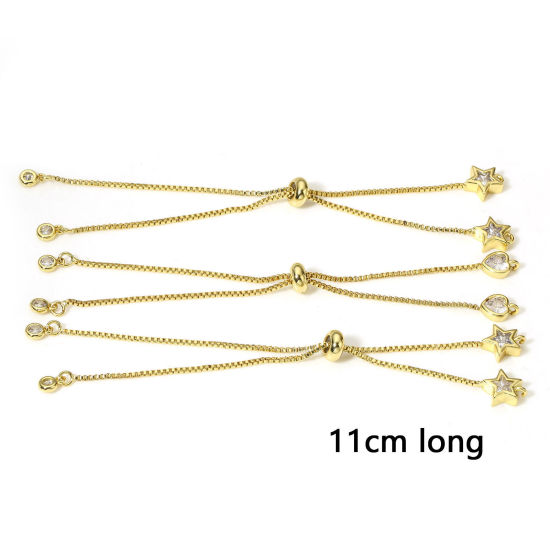 Picture of 1 Piece Brass & Cubic Zirconia Semi-finished Adjustable Slider/ Slide Bolo Bracelets For DIY Handmade Jewelry Making Box Chain 18K Real Gold Plated Transparent Clear 11cm(4 3/8") long