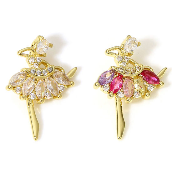 Immagine di 1 Pz Ottone Charms Ballerina 18K Vero Oro Placcato Multicolore Cubic Zirconiae 19mm x 13mm