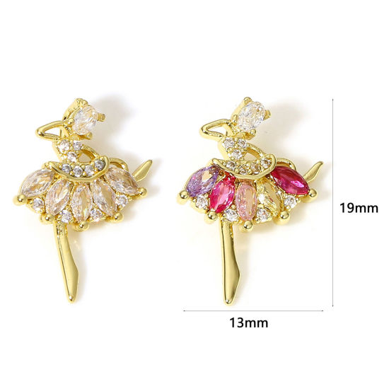 Immagine di 1 Pz Ottone Charms Ballerina 18K Vero Oro Placcato Multicolore Cubic Zirconiae 19mm x 13mm