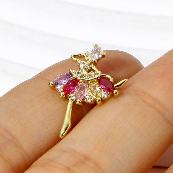 Immagine di 1 Pz Ottone Charms Ballerina 18K Vero Oro Placcato Multicolore Cubic Zirconiae 19mm x 13mm