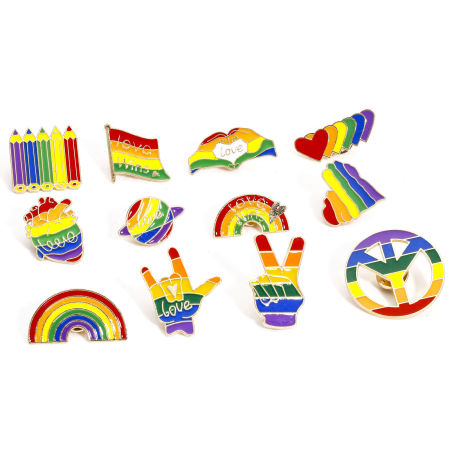 Zinc Based Alloy Rainbow Pin Brooches Peace Symbol Heart Gold Plated Multicolor Enamel