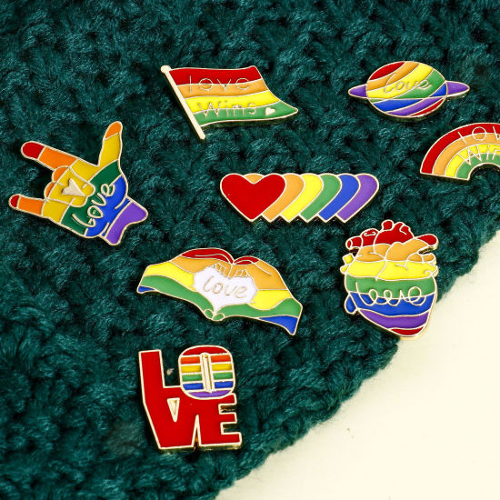 Picture of Zinc Based Alloy Rainbow Pin Brooches Peace Symbol Heart Gold Plated Multicolor Enamel