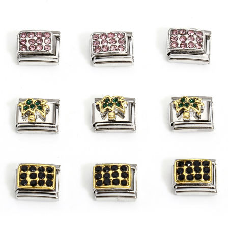 304 Stainless Steel Italian Charm Links For DIY Bracelet Jewelry Making Silver Tone Rectangle Rhinestone 10mm x 9mm