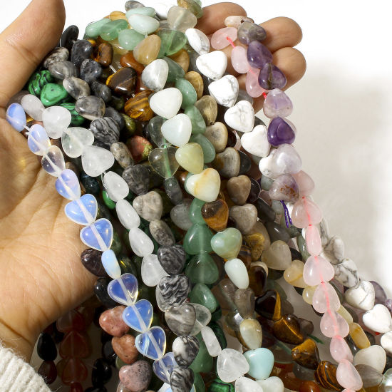 Picture of (Grade A) Gemstone ( Natural ) Loose Beads For DIY Jewelry Making Heart Multicolor About 11mm x 10mm