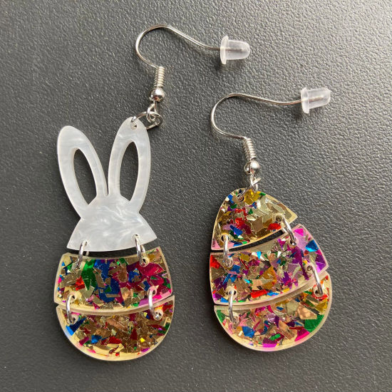 Picture of Acrylic Easter Day Asymmetric Earrings Multicolor Rabbit Animal Easter Egg Glitter