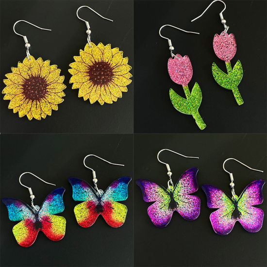 Picture of Acrylic Pastoral Style Earrings Silver Tone Multicolor Butterfly Animal Glitter