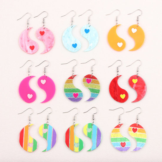 Picture of Acrylic Valentine's Day Asymmetric Earrings Silver Tone Multicolor Yin Yang Eight Diagrams Heart