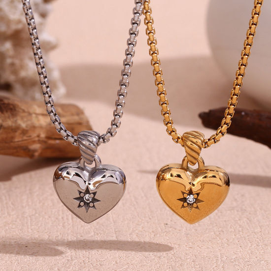 Imagen de 1 Unidad Enchapado al Vacío Ecológico Retro día de San Valentín Oro Real Chapado 316 Acero Inoxidable Link Curb Chain Corazón Estrella Collar con Colgante Para Mujeres Día de San Valentín